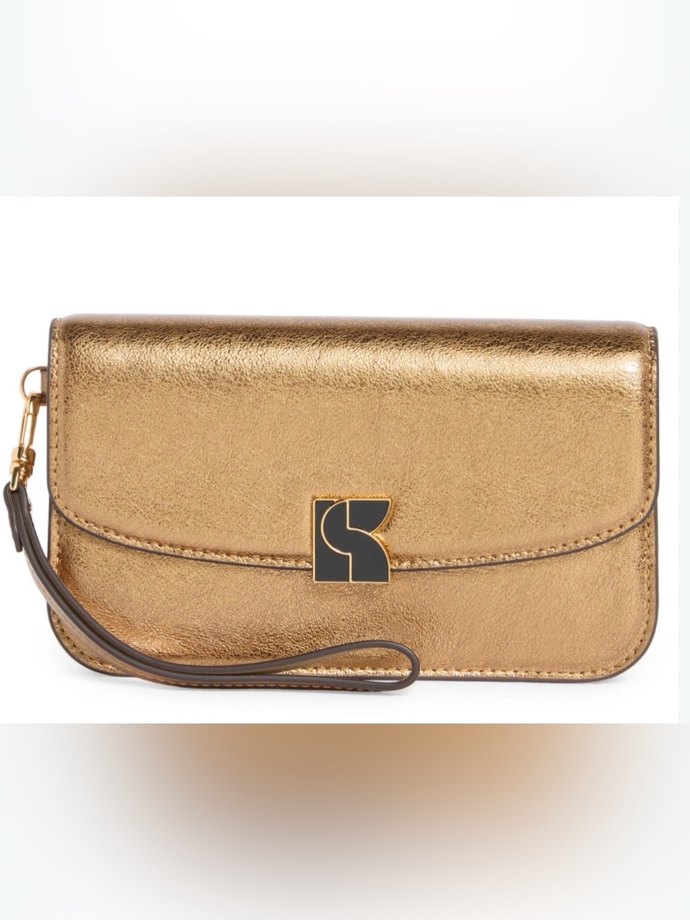 kate spade Metallic Gold Leather Wristlet Clutch with Signature Emblem